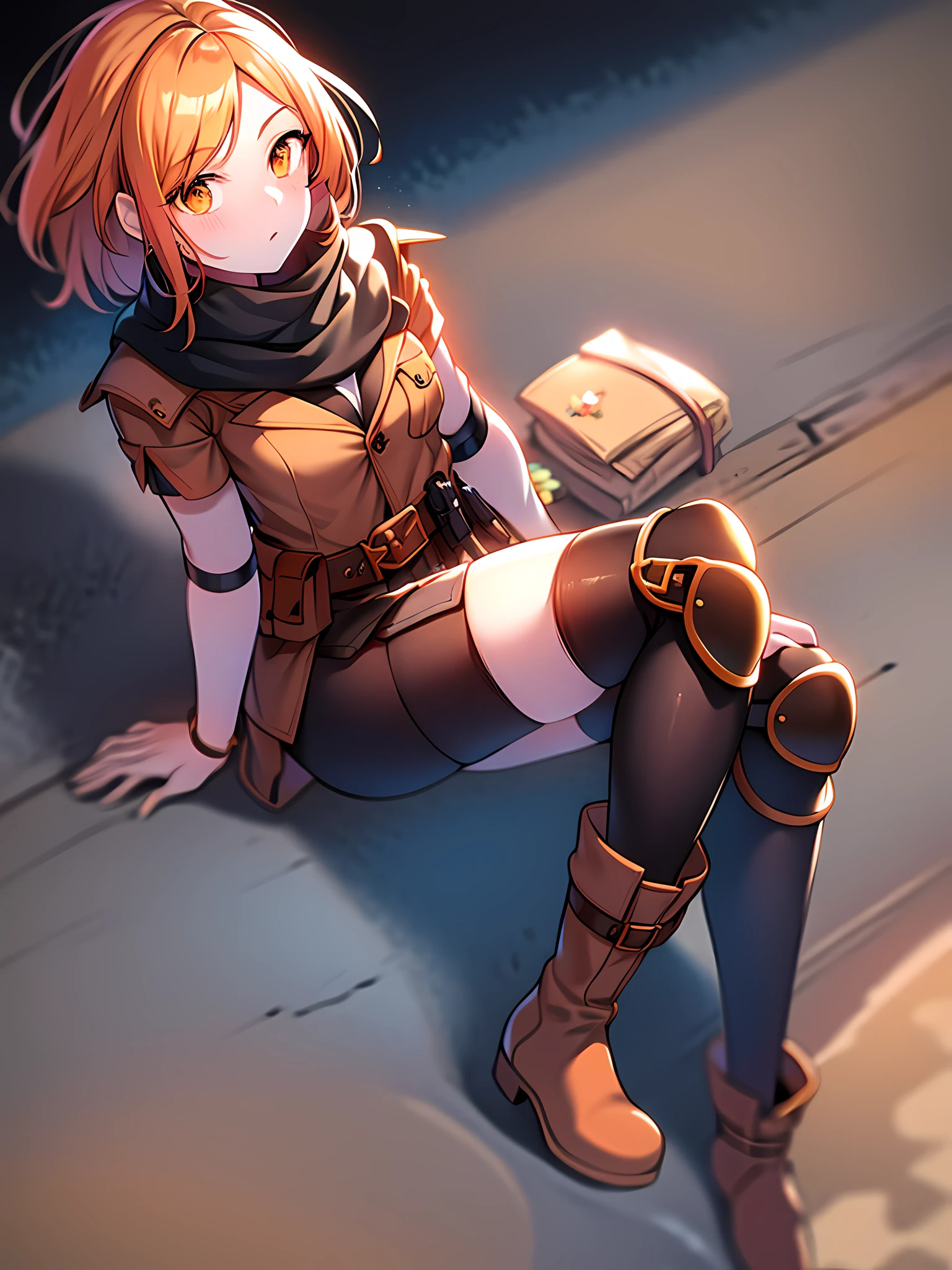 orange eyes light,richly faded light orange hair, anime 1girl, no  skirt, brown military boots, pouch on the waist belt, khaki bikini, "black tights", "dark_orange knee pad on right leg",( night city:1.4), black long cloak, (good hand:1.5 ) good legs, (Good face: 1.5), 1girl, best hand, no worst hand. without clothes