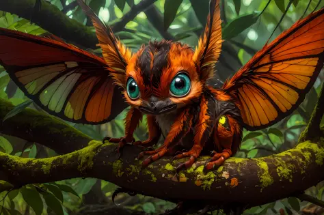 A small strange creature sits on the trunk of a tree. The trunk covers four winged limbs, has a wide muzzle, four large eyes, colorful, looks with curiosity. It's in the dark jungle, small hair