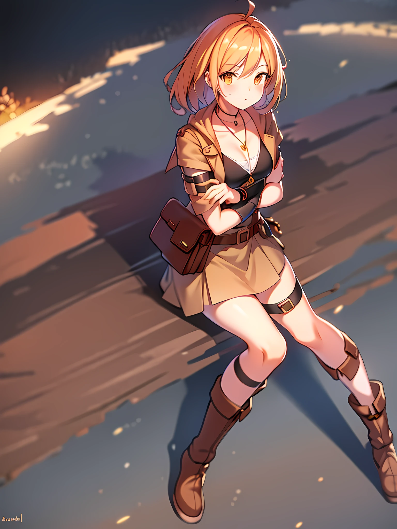 orange eyes light,richly faded light orange hair, anime 1girl, no  skirt, brown military boots, pouch on the waist belt, khaki bikini, "black tights", "dark_orange knee pad on right leg",( night city:1.4), black long cloak, (good hand:1.5 ) good legs, (Good face: 1.5), 1girl, best hand, no worst hand. without clothes