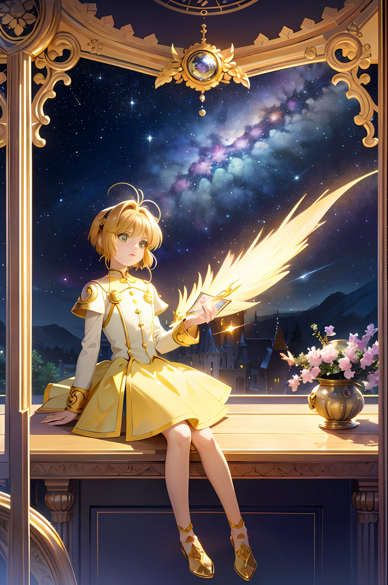 Realistic, (Masterpiece, Superior Quality, Best Quality, Official Art, Beautiful and Aesthetic: 1.2), Very Detailed, Fractal Art, Colorful, More Detailed, (Abstract Background: 1.5) (1girl: 1.3), (Cat Class), yellow hair, bright eyes, cheerful, hairstyle back, short hair, , Milky Way, huge magic gold Leo Astrolabe, dream, fantasy, golden trim, beautiful detailed sky, style and decoration for Leo,  goddess leo, female room, (Sakura card captor)