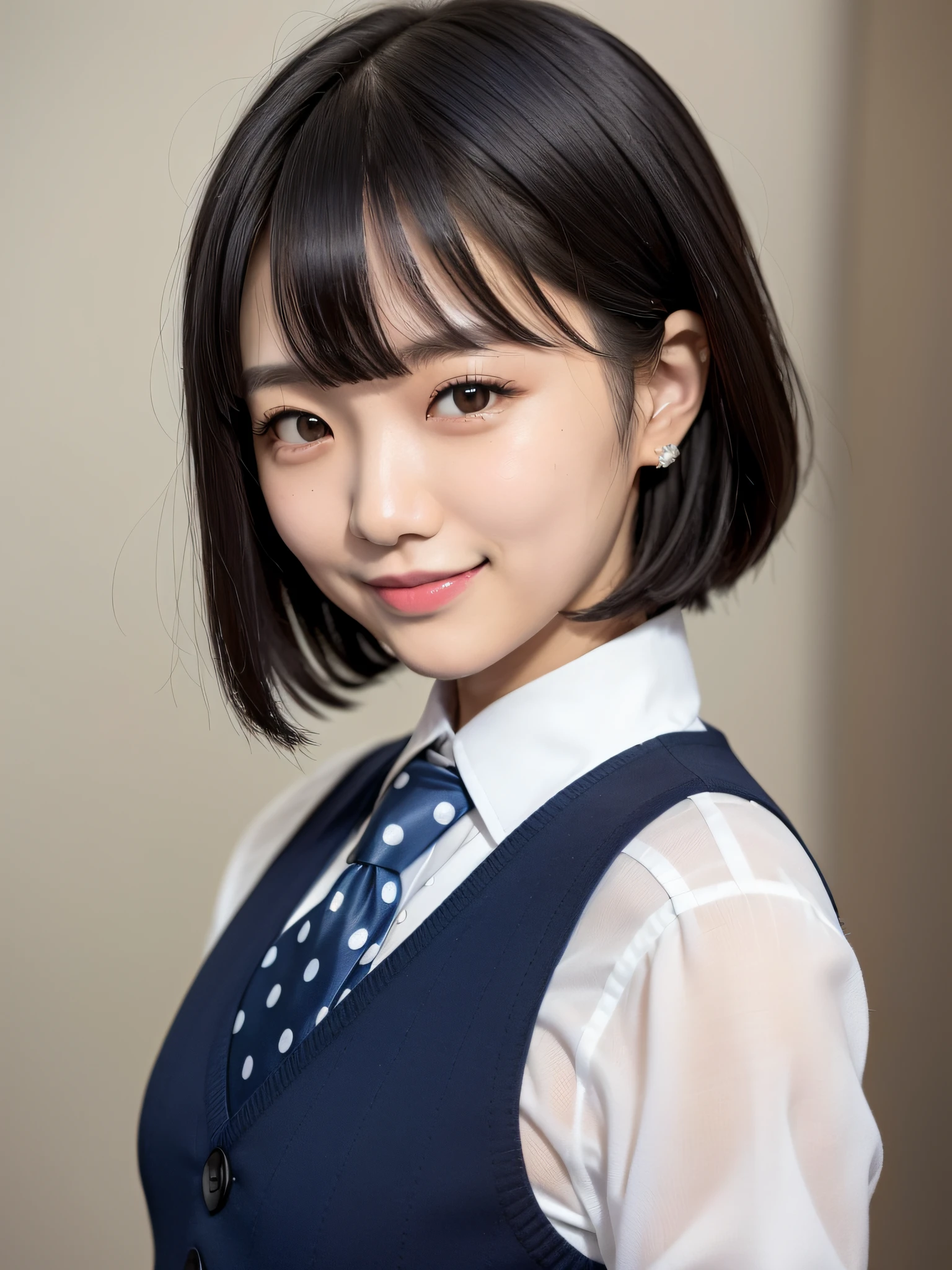 Japan woman of 20 years old, straight black hair cut down to the shoulders, smiling with teeth showing, neat, intelligent, (small breasts), black suit, vest, ((dark blue white, small and many polka-dot ties))), ((plain white shirt)), ((plain white shirt)),