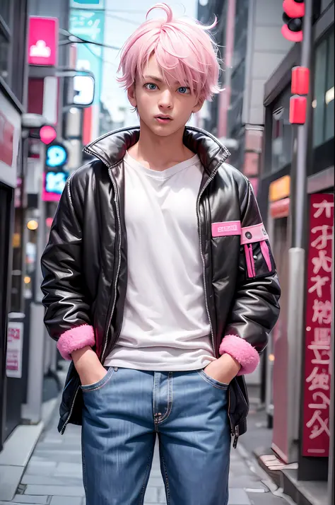 3d, 1boy, looking at viewer, cute, pink clothes, tongue out, tokyo, neons, blue eyes, mullet, finger rings, fuzzy clothes, 8k, b...