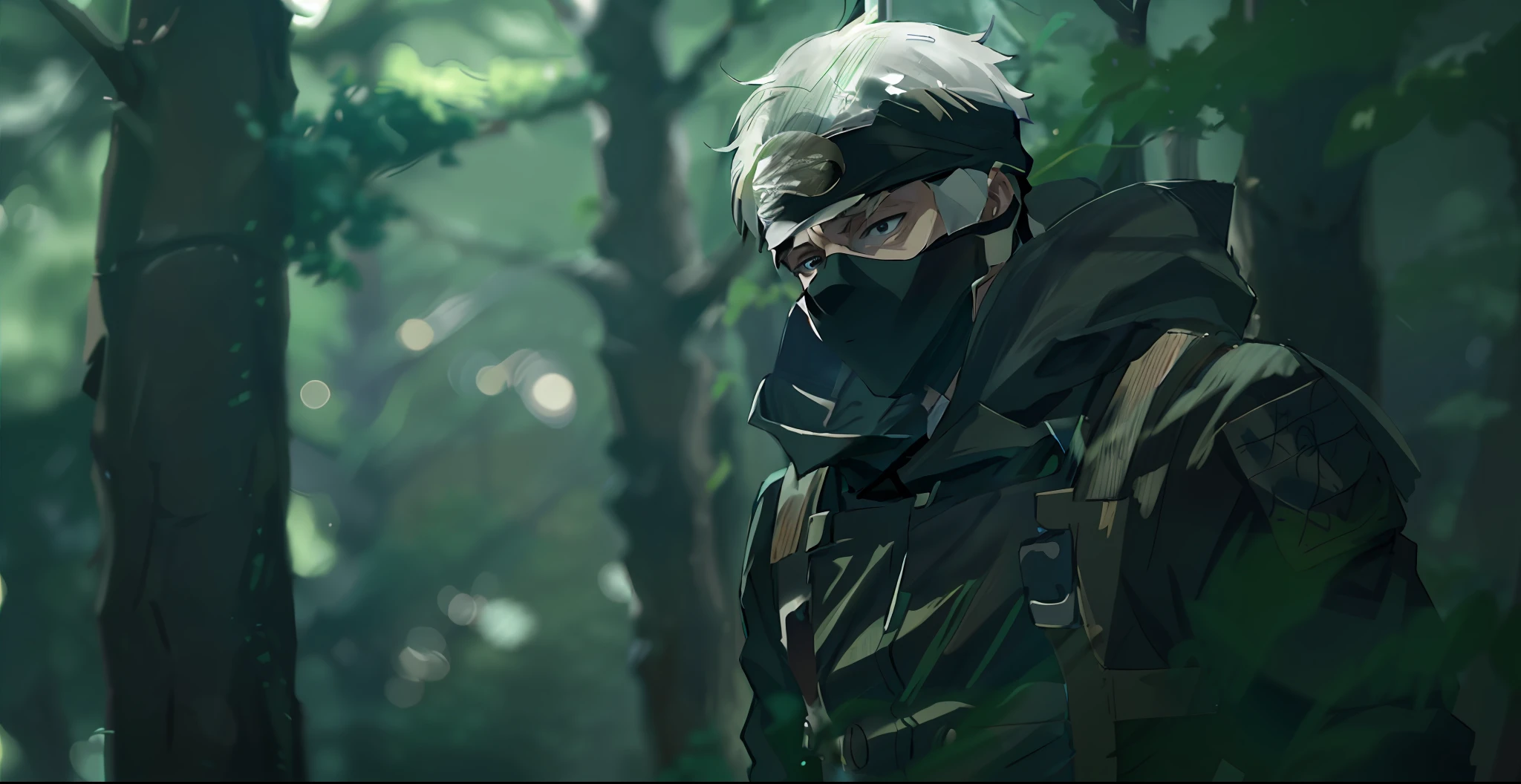 there is a man with a mask on in the woods, kakashi hatake, kakashi, badass anime 8 k, shinobi, hq 4k wallpaper, rendered in sfm, 4k wallpaper, wallpaper 4 k, 4 k wallpaper, wallpaper 4k, anime lush john 8k woods, hq 4k phone wallpaper, sfm render