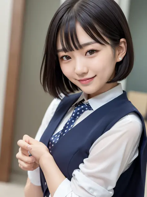 Japan woman of 20 years old, straight black hair cut down to the shoulders, smiling with teeth showing, neat, intelligent, (small breasts), black suit, vest, ((dark blue white, small and many polka-dot ties))), ((plain white shirt)), ((plain white shirt)),