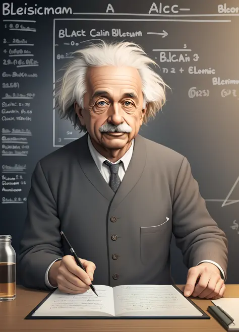 realistic photo of albert einstein, physics calculations on a blackboard in the background, word "universum" written on the back...