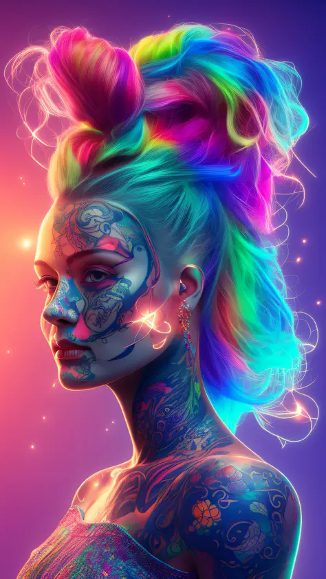 (style of richard deacon), formal wear  android,1girl,a  beautiful girl in a colourful dress with colourful intricate tattoos su...