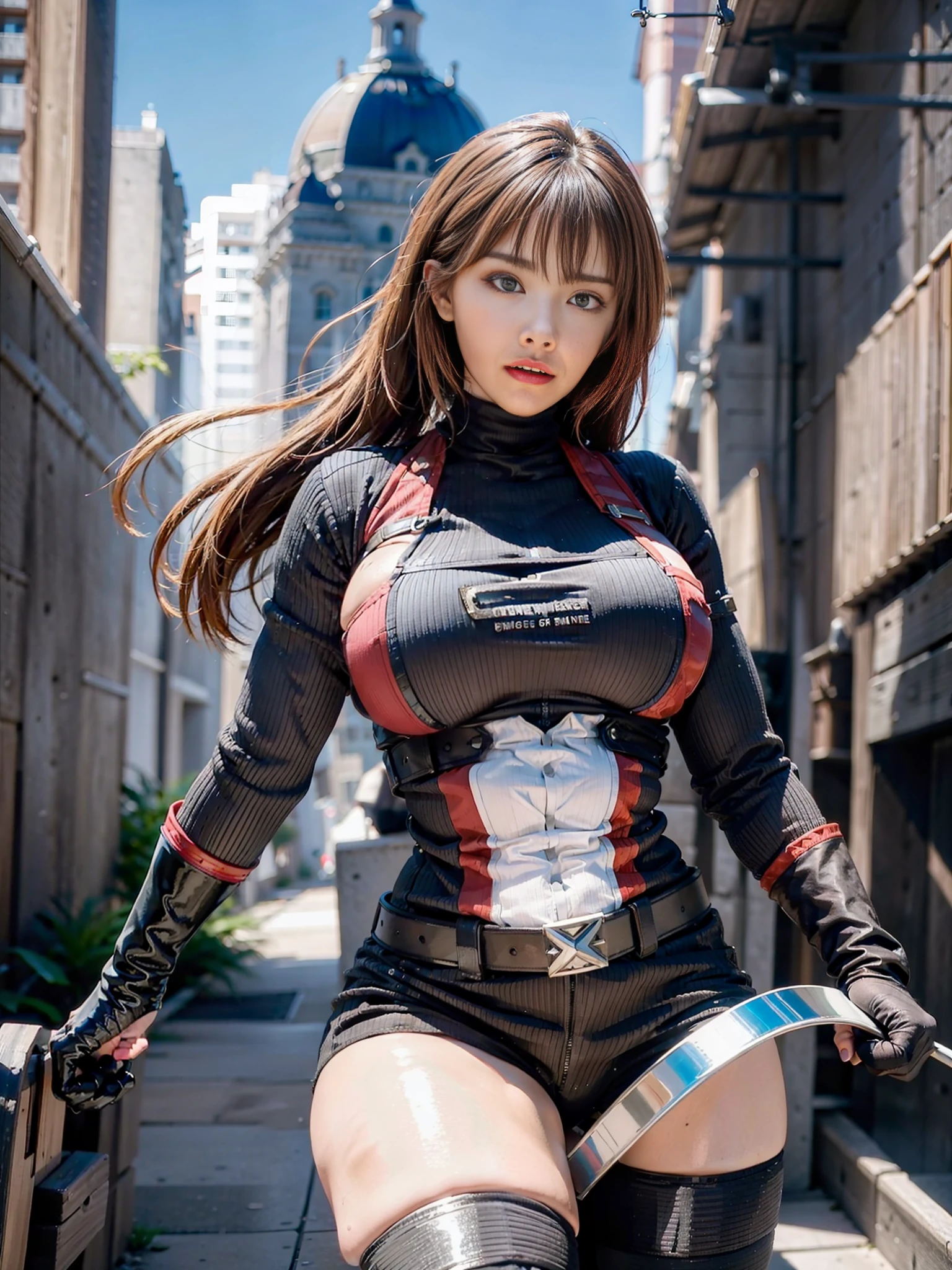 Unreal Engine 5 Realistic Rendering, wearing cosplay Captain America full gear, Superheroine, cosplayer, Standing on rooftop, hot model eimi fukada, front bangs hair, beautiful face, top body is hyper realistic thicc muscle and hyper largest_breasts!! with the type of boobs_melons, lower is huge buttocks, wet shiny body