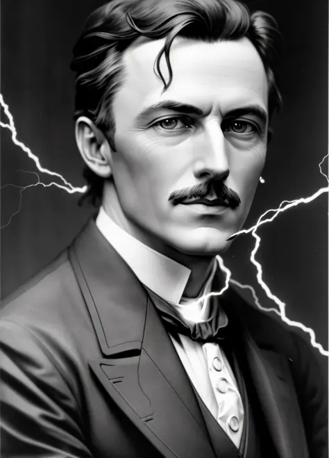 photo of nikolas tesla with a fluorescent lamp, and alternating current