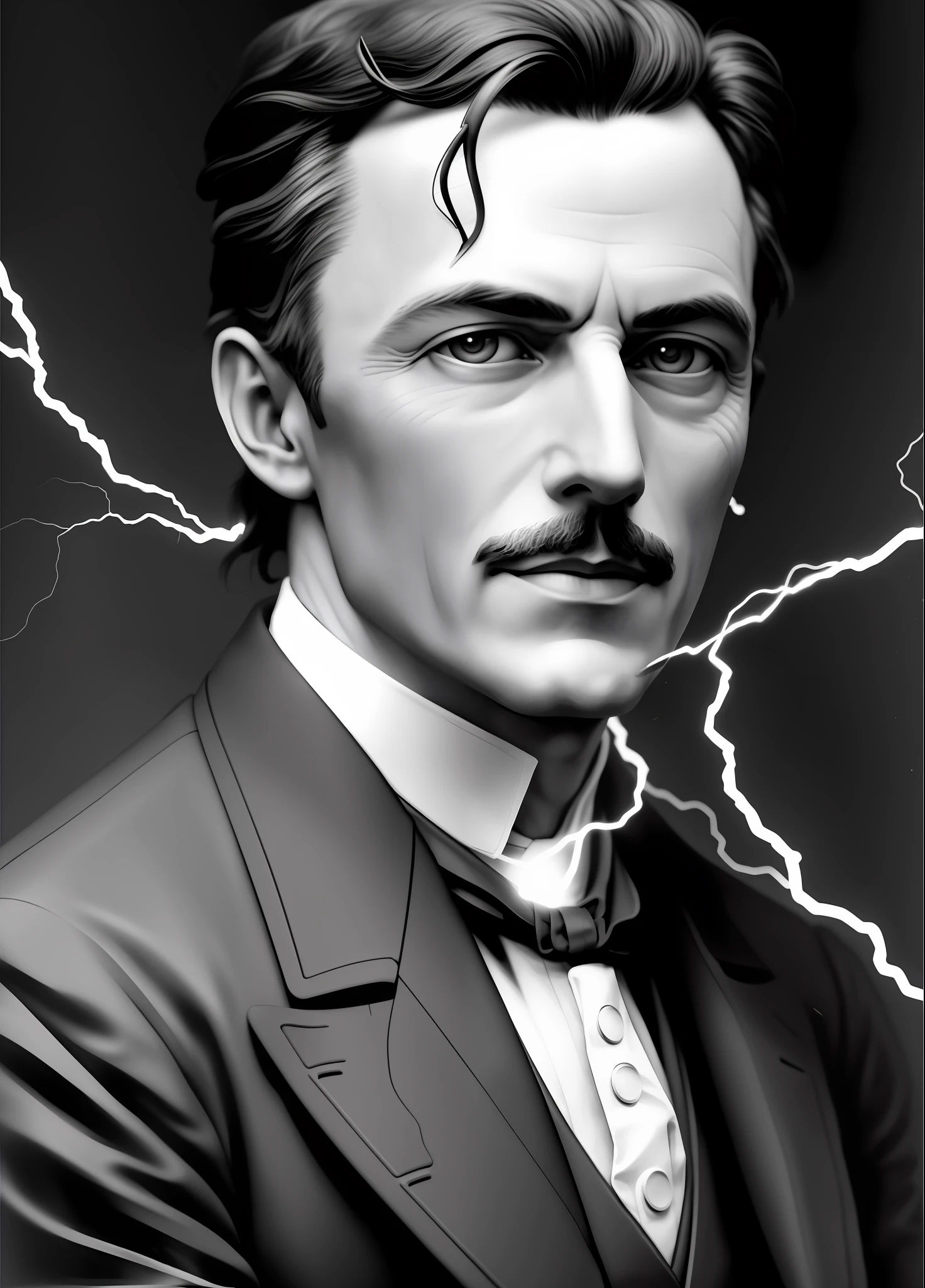 photo of nikolas tesla with a fluorescent lamp, and alternating current