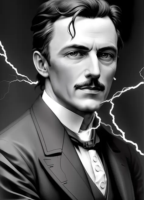 photo of nikolas tesla with a fluorescent lamp, and alternating current