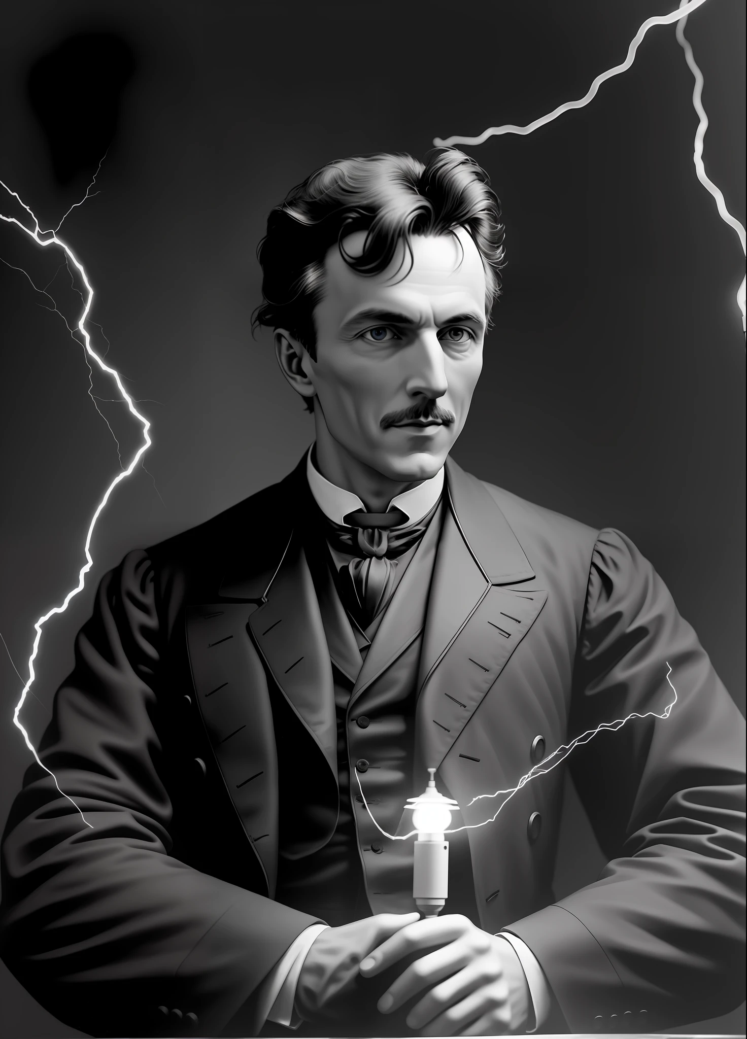 photo of nikolas tesla with a fluorescent lamp and alternating current