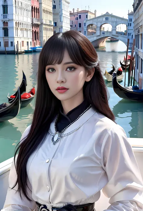 a hyper realistic ultra detailed photograph of a beautiful girl as a female 2020s dancer on the boat of 2020s Venice,(Bridge Of ...