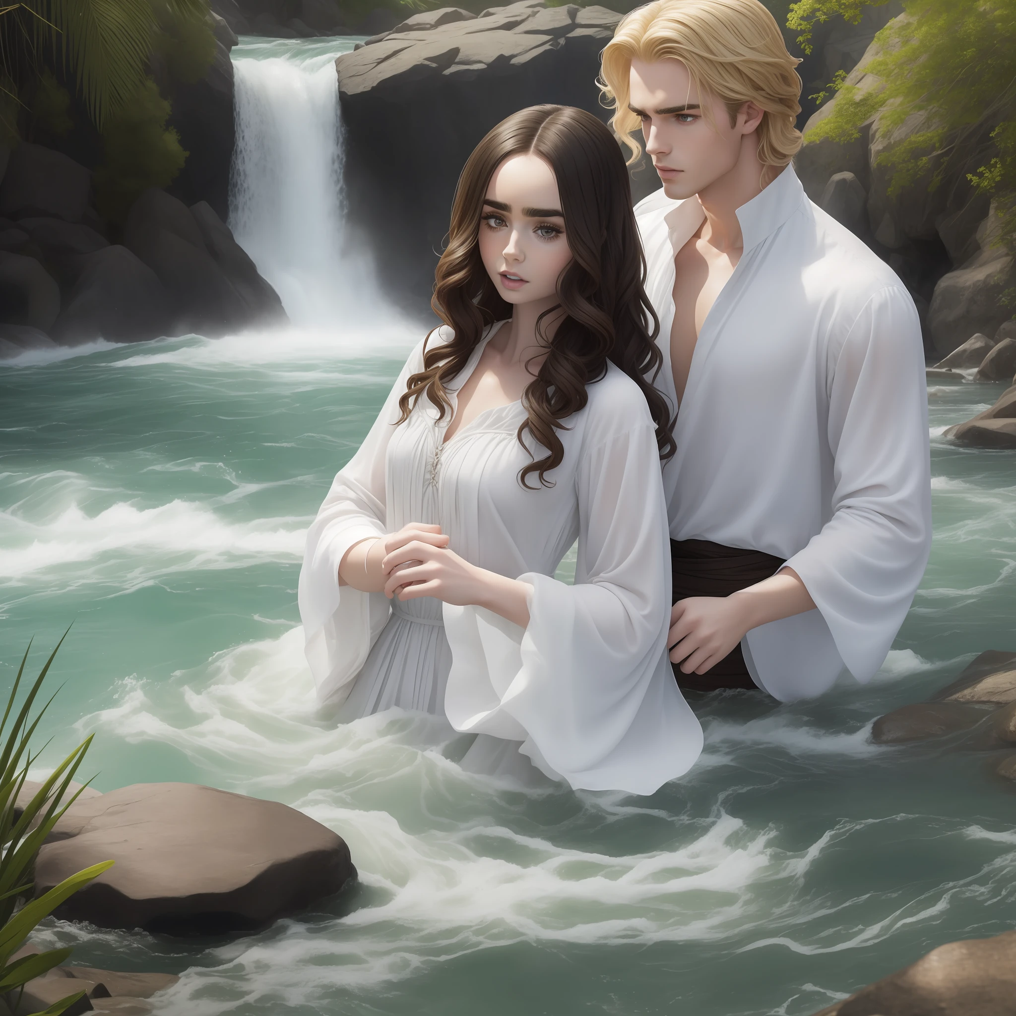 Lily Collins, who has black curly hair. wearing simple medieval white medieval dress. the Neels Visser wears an unbuttoned white long sleeve shirt and has blonde hair. The couple is swimming in the river, the clothes and hair wet, the river is crystal clear, has rocks and a waterfall at the bottom. The image is extraordinary.