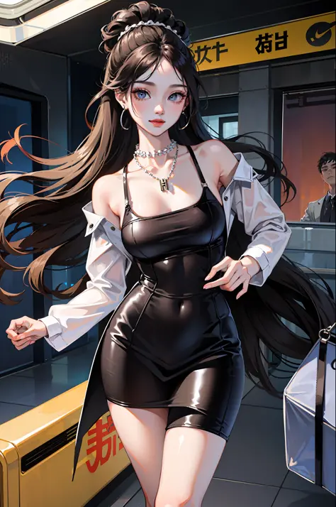 (Best quality, 8k, masterpiece), (a pretty girl, pure black long hair, princess cut, Hime hairstyle, hair edges are neat, big ey...