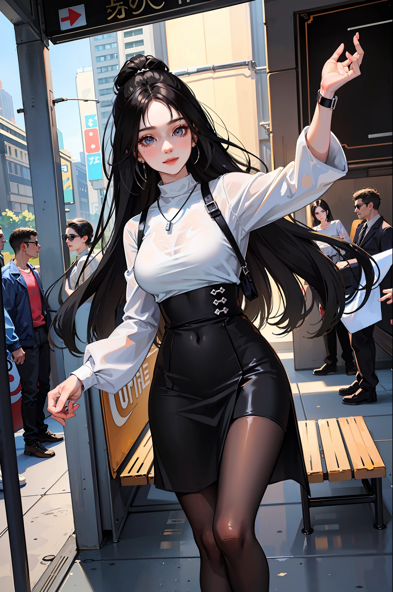 (Best quality, 8k, masterpiece), (a pretty girl, pure black long hair, princess cut, Hime hairstyle, hair edges are neat, big eyes: 1.2, long eyelashes, delicate makeup: 1.2, blush), (delicate watch, delicate necklace, large earrings), (caught in the subway train, standing, subway station etc.), (fashionable outfit, leopard print shorts on the outside, white T-shirt on the inside, Nike, black fashion sunglasses hanging on the clothes), (medium chest, stiff), ( Black Oil Glossy Clear Pantyhose), (High-waisted Skirt), Light Ripen, Royal Sister, Best Light, Best Shadow, Movie Lighting, 28 Years Old, 1girl, Acura, (Real Skin, Supple Skin) Ray Tracing, Unreal Engine 5, Reflective Skin, Digital Illustration, Game CG Characters, Supermodel, (Kpop, idol), (Body Edge Light, Colored Light Sources Around), Wind Blowing Hair, Listening to Songs with Headphones, (Looking at the Camera with a shy smile, happy expression), (thin waist, wide hips, buttocks), close-up