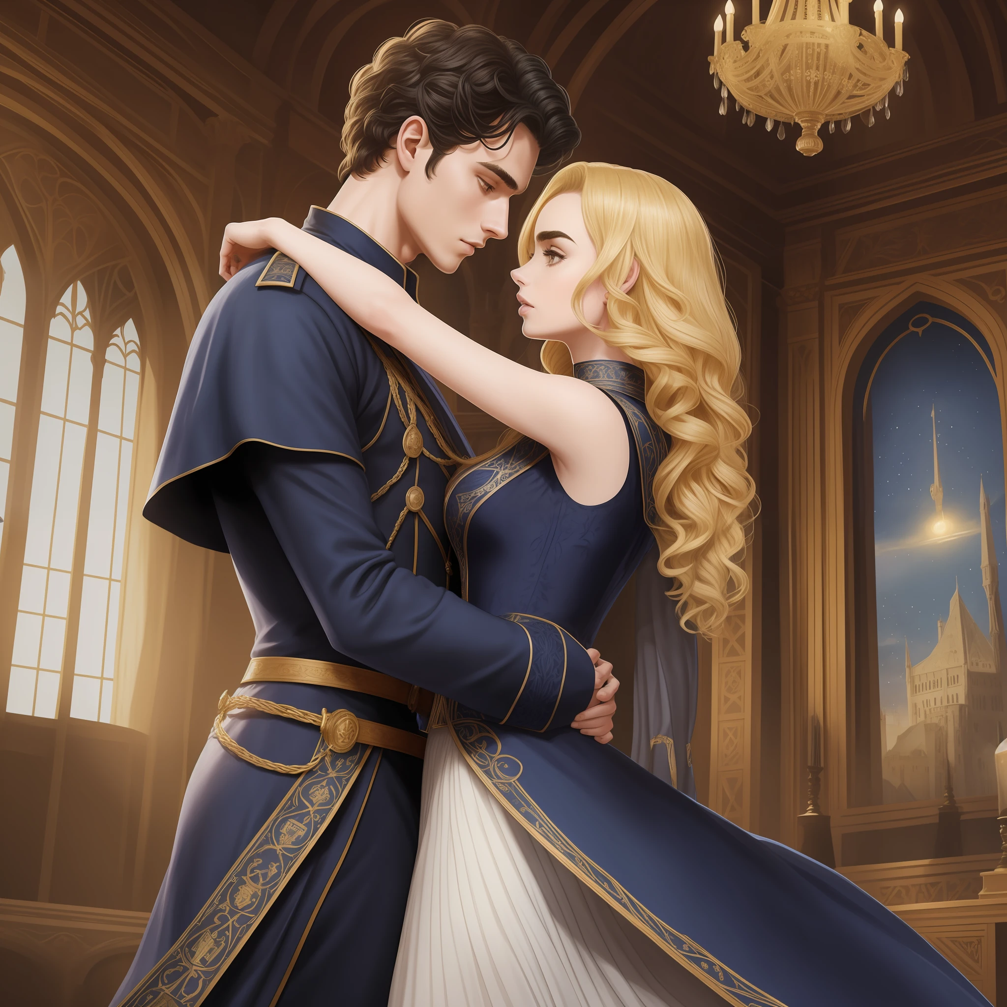 Lily Collins, who has curly black hair, wears a navy blue medieval dress. the Neels Visser wears a medieval military outfit and has blonde hair. The couple is waltzing in the ballroom. The illustration is like a book cover with a detailed, bright, illuminated, ultra detailed, conceptual art, elegant background