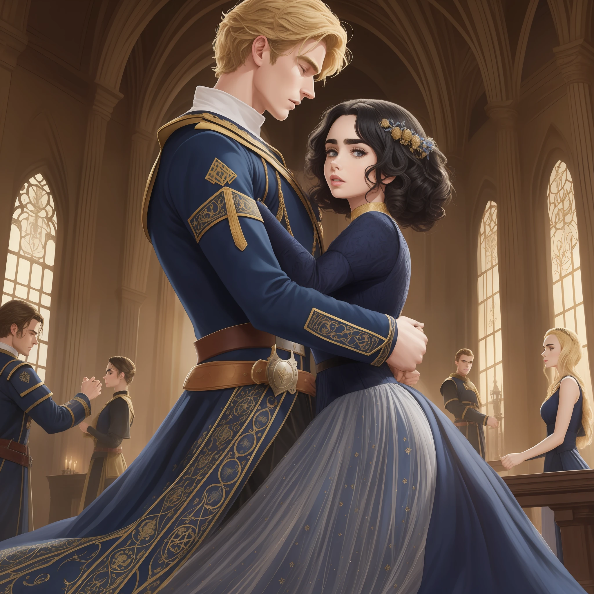 Lily Collins, who has curly black hair, wears a navy blue medieval dress. the Neels Visser wears a medieval military outfit and has blonde hair. The couple is waltzing in the ballroom. The illustration is like a book cover with a detailed, bright, illuminated, ultra detailed, conceptual art, elegant background