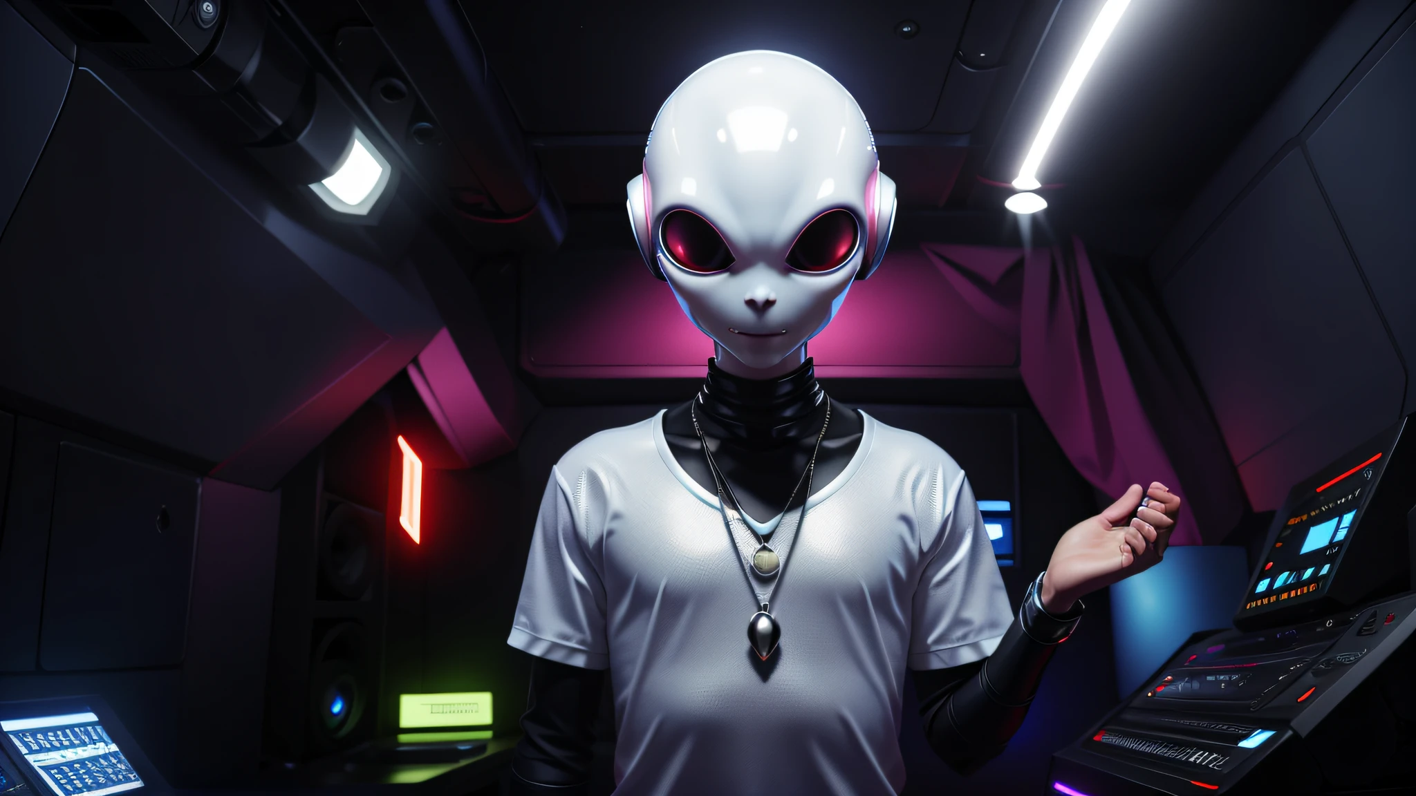 An alien, with albino and realistic skin, large head, short and thin neck, very large eyes and all black, which reflects the local lighting, a nose similar to that of humans but small, a mouth similar to that of humans but small, the body is thin and thin, the alien wears a white sleeve shirt with a letter made of small silver that appears to the right represented within a triangle of the same size, the clothing is inspired by the clothes used for surfing, the color to be used is red, pink chock and blue, as well as details of the environment, and manufactured with neoprene fabric, it is possible to notice a silver necklace hanging from his neck, with a pinjente in the triangular shape with an eye that sees everything in the center as a symbol. the alien is in a recording studio whose scenery is minimalist and features a gray background in gradient hue to circular white, the camera captures the image from the waist up, the alien presents friendly and light expressions, the alien interact with the camera always with a slight smile of satisfaction and tranquility,  The skin used and all the elements are of extreme realism, especially the skins, the lighting is an illumination inspired by the 80s.