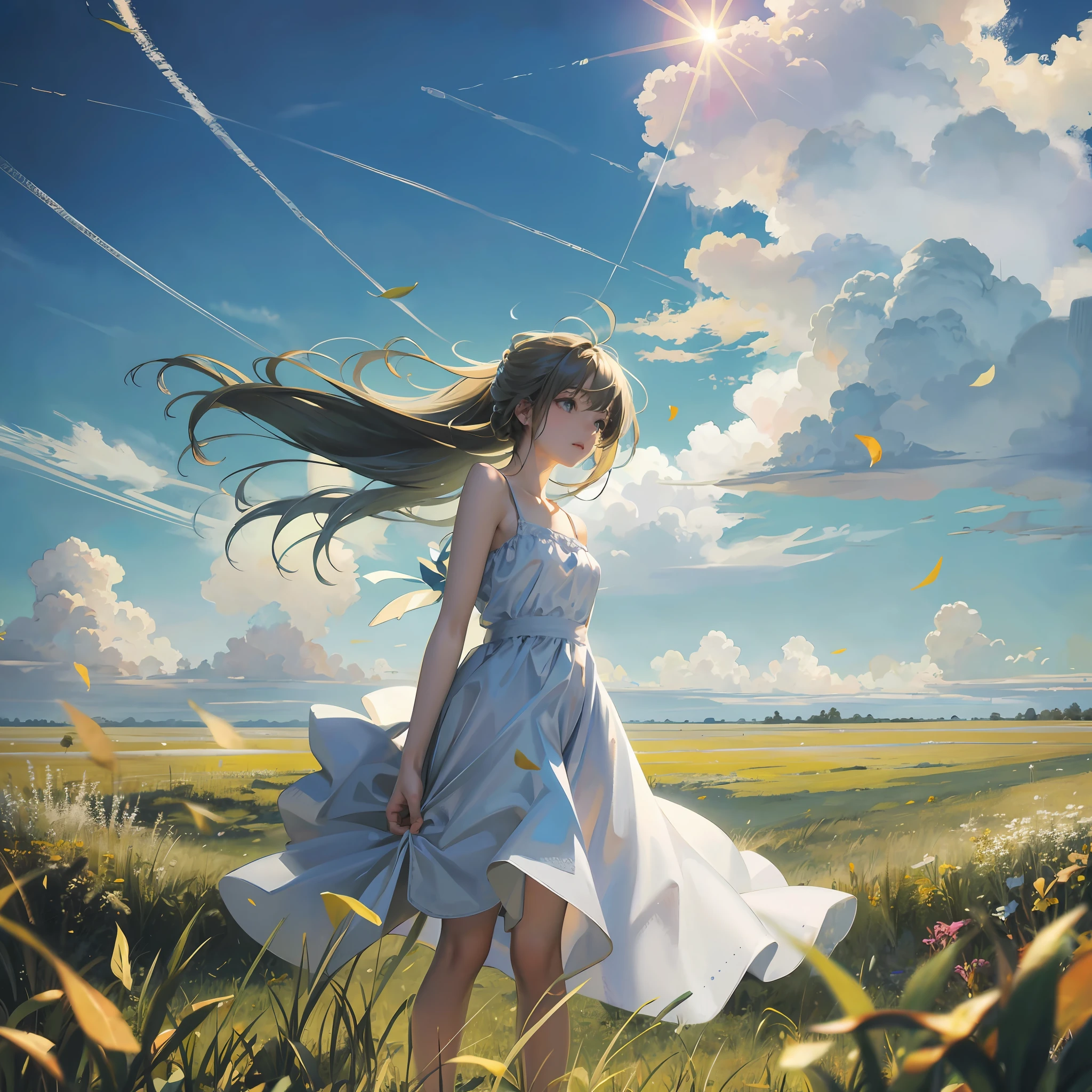 meadow, blue sky, white cumulonimbus, contrails, shining sun, meadow grass swaying in the wind, photo quality, live action, reality, transparency, realistic depiction, 8K quality, UHD, DSLR, high quality, film grain, fujifilm XT3, girl in white camisole dress, standing figure, barefoot, hair swaying in the wind, hair up to shoulders, big, big eyes,