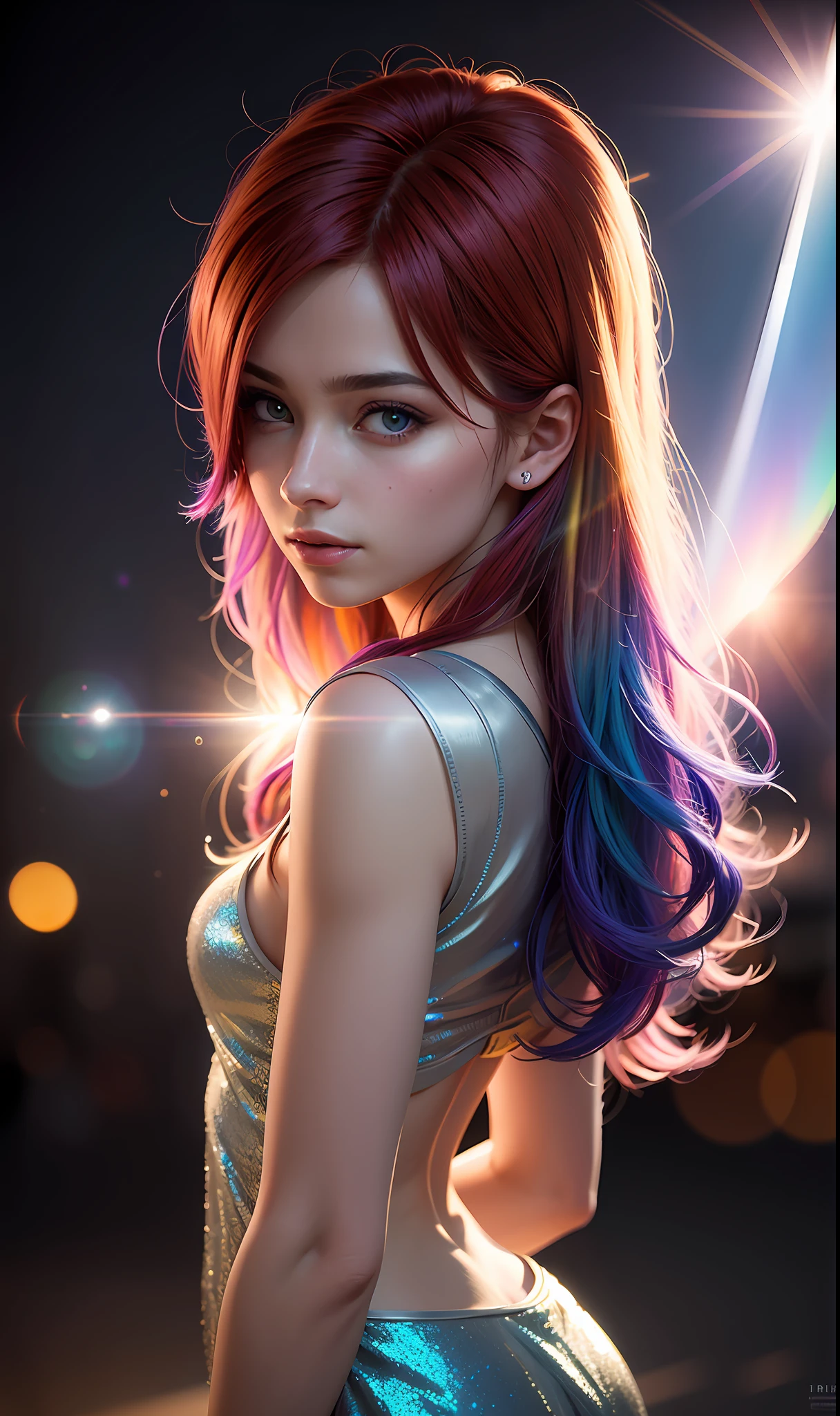 masterpiece, best quality, (realistic, highly detailed), iridescent multicolored hair, (frontlighting:1.2), (backlighting:0.75), (fill light:0.9), bloom, (light sparkles:1.2), chromatic aberration, (lens flare:1.2),