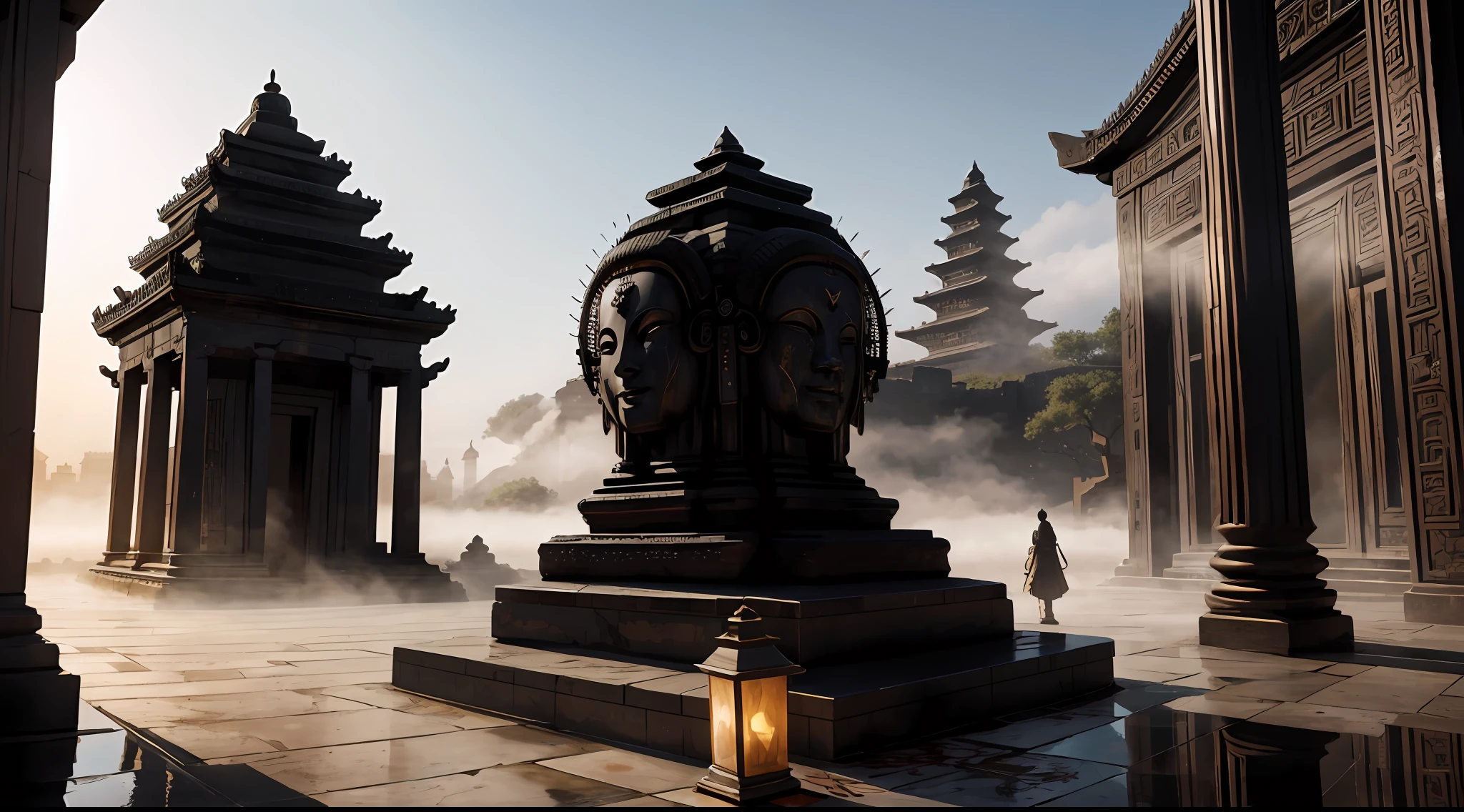 absurd, realistic lighting, (abyss) masterpiece, high quality, beautiful graphics, high detail, dressed woman, extremely refined and beautiful, amazing, fine detail, masterpiece, hyper-detail, high resolution, (best illustration), (best shadow), intricate, ancient landscape, thousand hands bodhisattva, temple, (mysterious black fog), journey to the west, ((corpse), ((ancient monster)), (ruins), (battlefield), (blood stain), glazed tiles, Buddha statue, lantern,