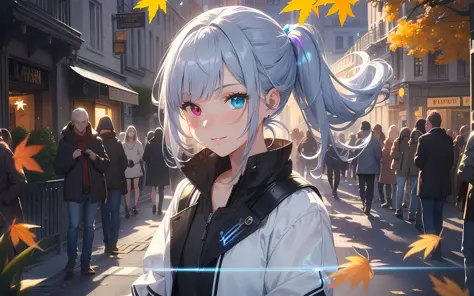 masterpiece, Top Quality, Photorealistic, Ultra detailed, Delicate, Orderly, High Detail, Bluish-silver ponytail, (drooping heterochromia iris:1.3),Children,10 years old, embarrassing,smile,slender,cowboy shot, blurred background,(1 girl:1.1),game CG,dynam...