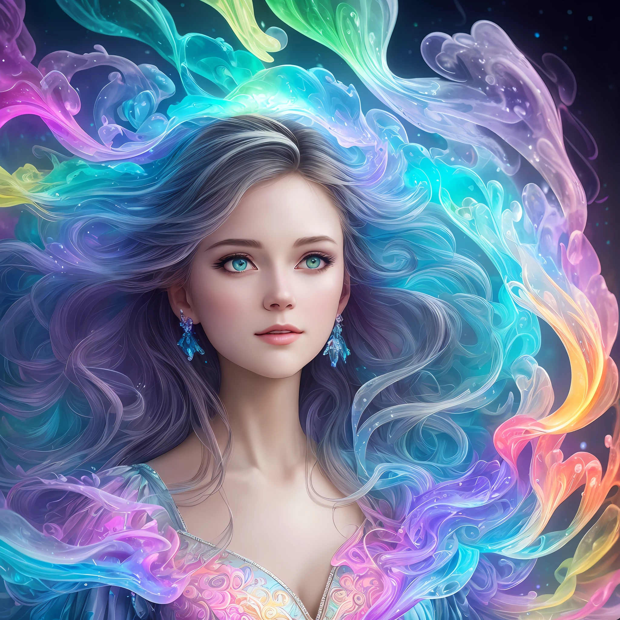 Romantic, Ultra HD, Attractive, Ethereal, Elegant, 1Girl, solo,milf, Beautiful, Flawless, Angelic, Soft Liquid Rainbow Smoke Background, Wind, Fractal Neon Antimatter Finishes, Very Detailed, Trends on Artstation, Clear Focus, Studio Photos, Intricate Details, Very Detailed, by Artgerm, Thomas Kinkade, Anna Dittmann, Gerhard Richter