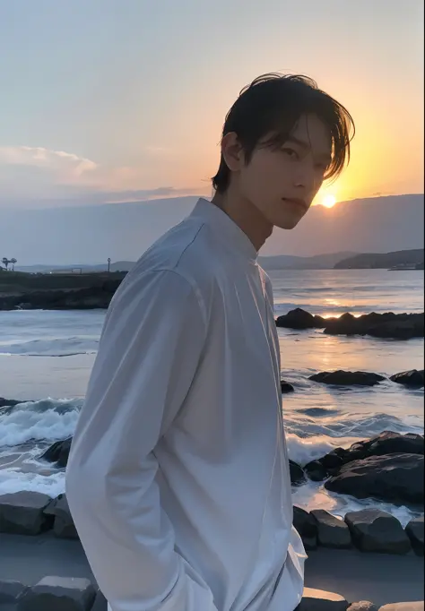 A man, soft lighting, sunset