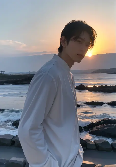 a man, soft lighting, sunset