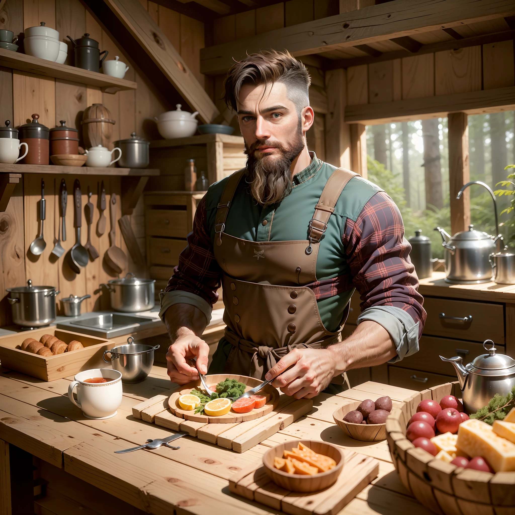 Attractive and elegant man, wearing lumberjack clothes but with the sample breastplate, photo in high quality, raw, in a detailed hut in the forest, with objects of a woodcutter behind and objects related to a kitchen prepared for breakfast. Gorgeous man with short hair shaved in machine 3, well done beard.