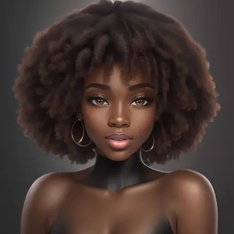 Best quality, realistic, best definition, ultra definition, ultra realistic,beautiful, black woman, 20 years old, black skin, black curly hair, voluminous hair, shoulder-length hair, curls, springs, beautiful face, round eyes, long eyelashes, well drawn mo...