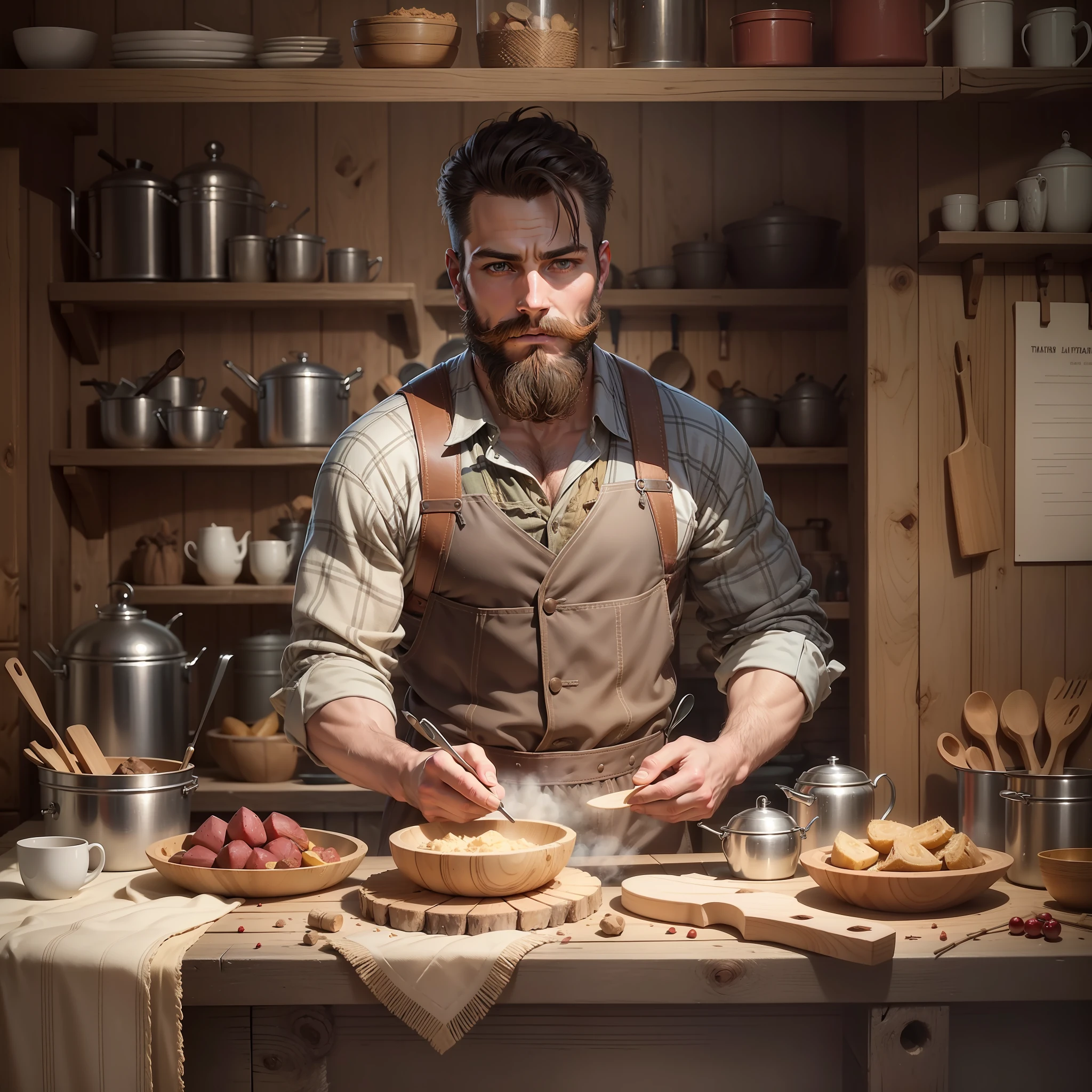 Attractive and elegant man, wearing lumberjack clothes but with the sample breastplate, photo in high quality, raw, in a detailed hut in the forest, with objects of a woodcutter behind and objects related to a kitchen prepared for breakfast. Gorgeous man with short hair shaved in machine 3, well done beard.