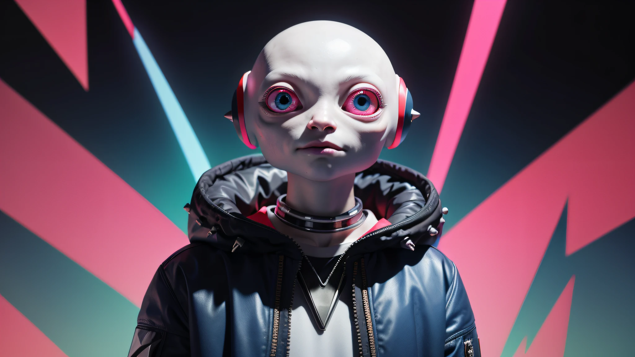 An alien, with albino and realistic skin, large head, short and thin neck, very large eyes and all black, which reflects the local lighting, a nose similar to that of humans but small, a mouth similar to that of humans but small, the body is thin and thin, the alien wears a white sleeve shirt with a letter made of small silver that appears to the right represented within a triangle of the same size, the clothing is inspired by the clothes used for surfing, the color to be used is red, pink chock and blue, as well as details of the environment, and manufactured with neoprene fabric, it is possible to notice a silver necklace hanging from his neck, with a pinjente in the triangular shape with an eye that sees everything in the center as a symbol. the alien is in a recording studio whose scenery is minimalist and features a gray background in gradient hue to circular white, the camera captures the image from the waist up, the alien presents friendly and light expressions, the alien interact with the camera always with a slight smile of satisfaction and tranquility,  The skin used and all the elements are of extreme realism, especially the skins, the lighting is an illumination inspired by the 80s.