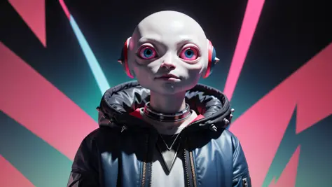 An alien, with albino and realistic skin, large head, short and thin neck, very large eyes and all black, which reflects the loc...