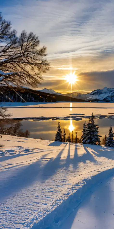 snowy landscape with sun setting over a lake and mountains, dramatic cold light, cold sunset, warm beautiful scene, sun rays through snow, snow landscape, winter sun, today\'s featured photograph 4k, winter lake setting, beautiful snowy landscape, snowy la...