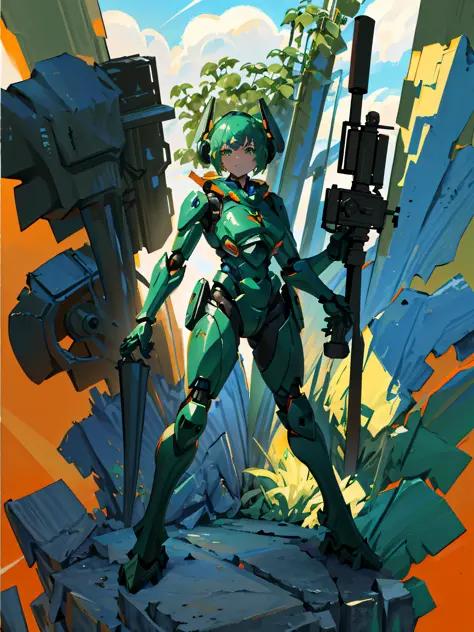 (masterpiece, best quality), (1mecha, solo),, green eyes, dead eyes, standing, large and bulky futuristic armor woman in a black...