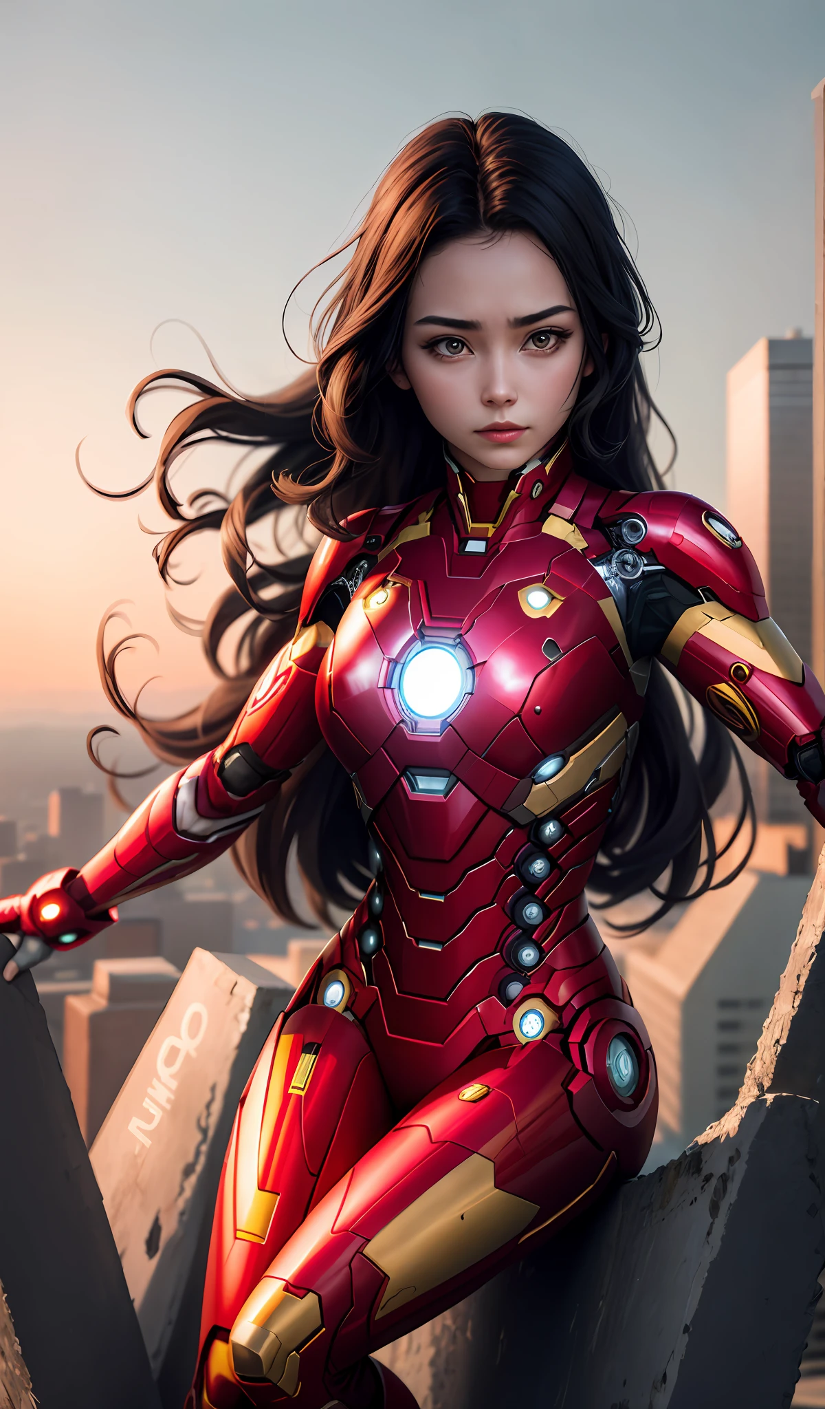 4k, realistic, carismatic, very detail, there is a girl on top sky, wearing iron man costum, she is a iron man, super hero theme, black long hair, 2, full body