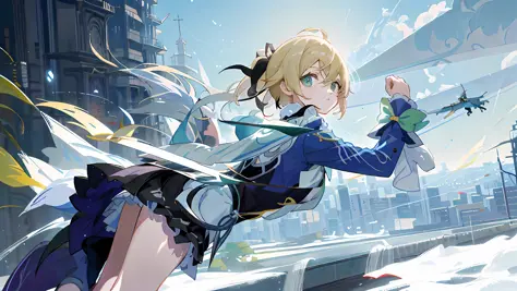 anime shoujos fly over the city with swords in hand while showcasing the unique style of azur route, with key artistic feminine ...