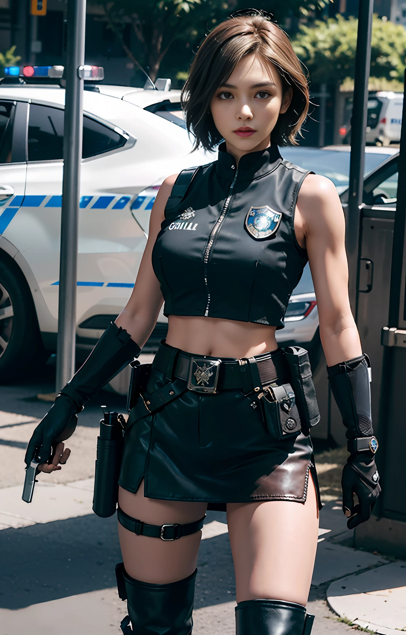 Official art, extremely detailed CG Unity 8k wallpaper, best quality, masterpiece, high resolution, beautiful girl criminal cop, short hair, black crop top vest, brown belt, pistol holster on thigh, body armor, tactical gloves, black minileather skirt, police uniform style, black long tube flat boots, police badge on chest, police car