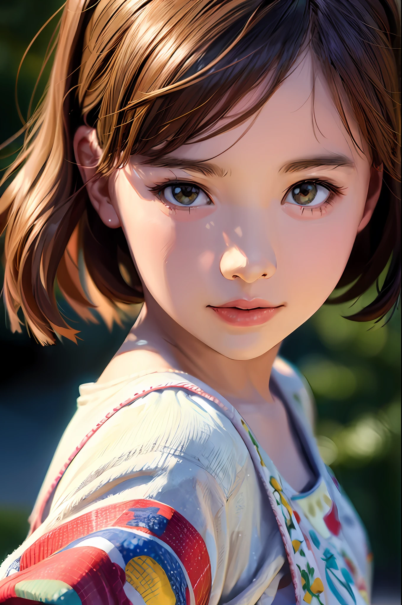 Young girl with short hair, colorful shirt and red and white striped shirt, Japan teenage portrait, soft portrait shot 8k, girl cute-fine face, beautiful Japan girl face, close up of young anime girl, portrait cute-fine face, portrait of Japan girl, beautiful young girl, beautiful bright big eyes, cute young girl