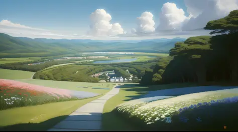 realistic, real, beautiful, wonderful landscape oil painting studio ghibli hayao miyazaki's petal meadow with blue sky and white...