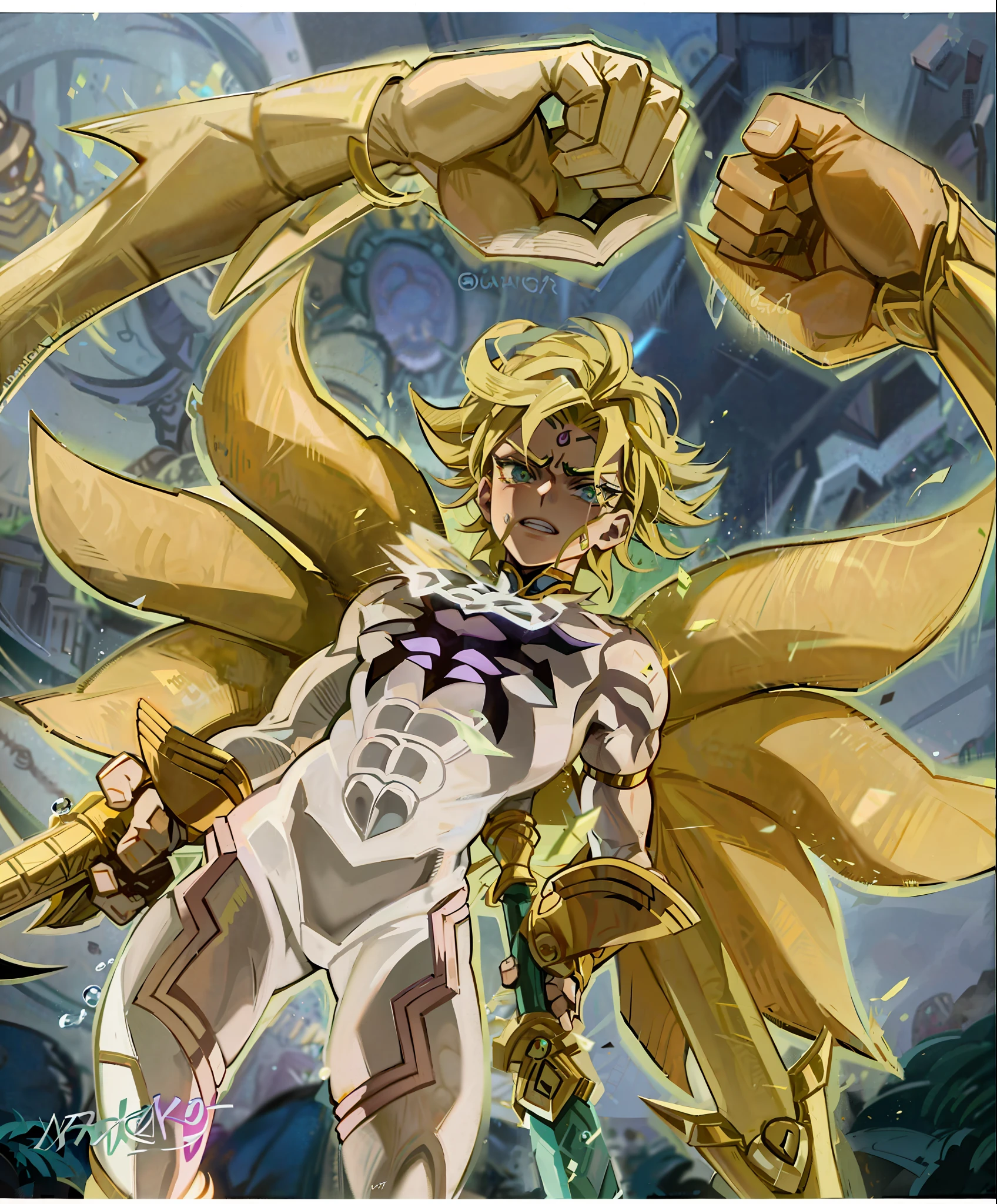 A closeup of a cartoon of a man with a sword, Dio Brando, Giorno Giovanna, Dio, Gyro Zeppeli, Joseph Joestar, Furio Tedesschi, Turning into his final form, an epic anime of a man of energy, in Jojo\'s Bizarre Adventure, Knights of Zodiac Girl, Official Art, Seven Deadly Sins Anime, Saint Seiya