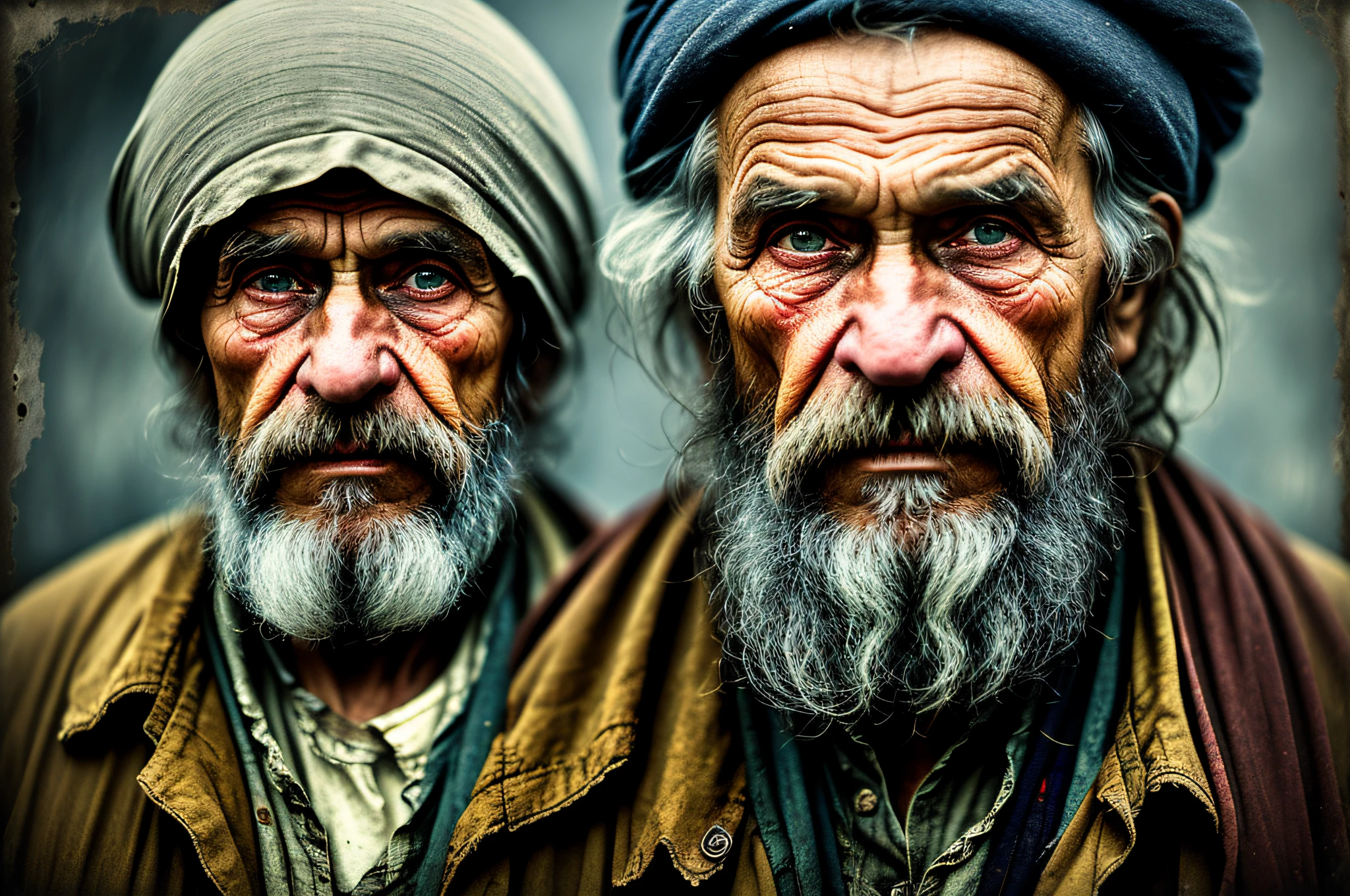 A portrait of poor russian 1800 old worker in rags, ((overwhelming ...