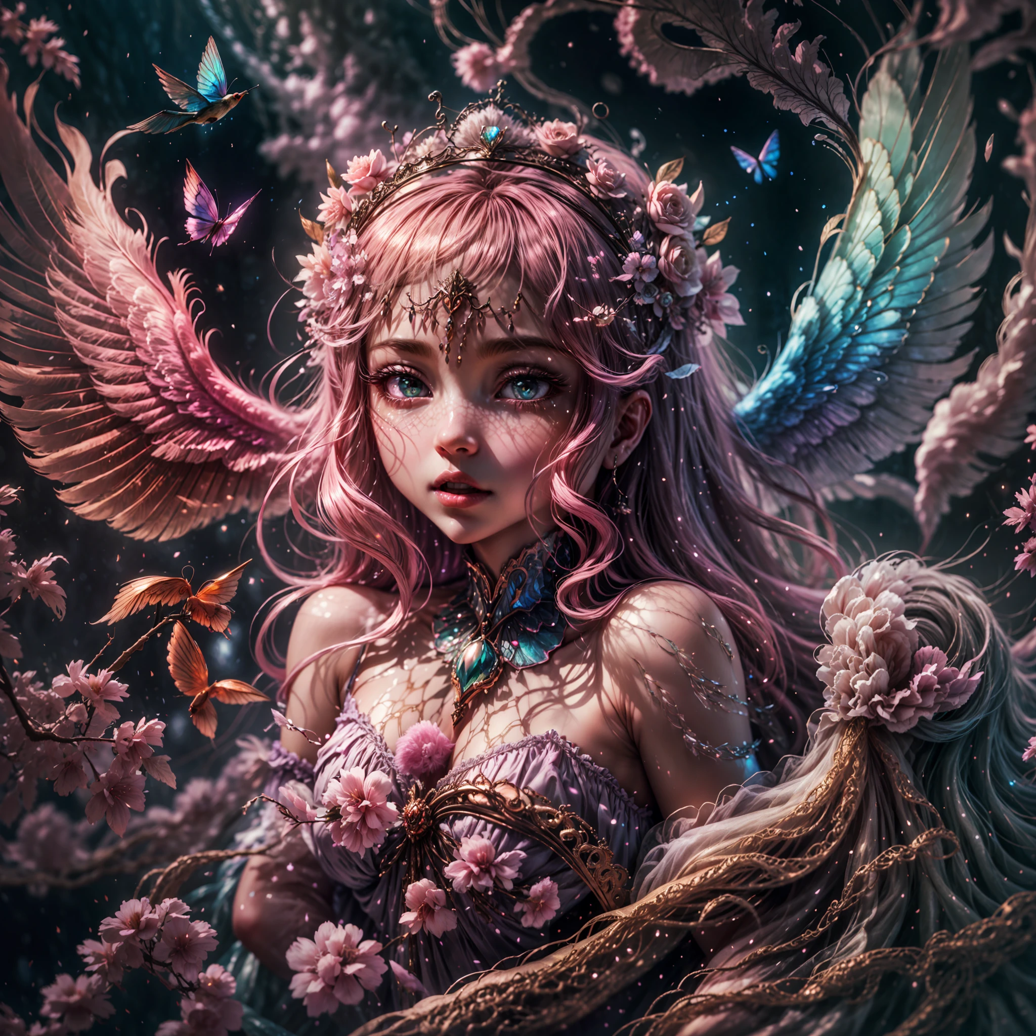 beautiful angel with a dress made of soft gossamer feathers and silk, beautiful iridescent wings, highly detailed wings, head and torso visible, interesting pretty background, fantasy, mythic fantasy, fairytale fantasy, (hires eyes), big eyes, beautiful eyes, shimmering background, 1 woman, 1 face, lots of colorful flying birds and butterflies, (iridescent details), silk and chiffon dress, ultra detailed, adult person, intricate, saturated colors, full lips, big mouth, light pink and dark pink and pink blue color scheme, rich colors, delicate intricate circlet, dynamic and interesting composition, smooth realistic skin texture, (cotton candy fantasy colors and aura), (high neckline), studio lighting