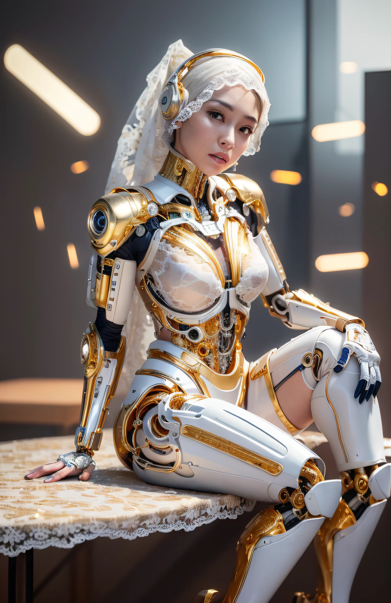 photorealistic, a woman in a white (lace, gold cyborg suit:1.55) (sitting on top of a table:1.4) (turned towards the viewer:1.2), (crossed legs:1.4), gold long hair, cyborg, robotic parts, beautiful detailed body and face, (looking left side:1.3), sakimichan hdri, amouranth, a beautiful detailed orixa, 2049, chiaki nanami, afro futuristic, made in maya, sam yang, 2070, cyborg, robotic parts, 150 mm, beautiful studio soft light, rim light, vibrant details, luxurious cyberpunk, lace, hyperrealistic, anatomical, facial muscles, cable electric wires, microchip, elegant, beautiful background, octane render, 8k, best quality, masterpiece, illustration, an extremely delicate and beautiful, extremely detailed ,CG ,unity ,wallpaper, (realistic, photo-realistic:1.37), Amazing, finely detail, masterpiece, best quality, official art, extremely detailed CG unity 8k wallpaper, absurdres, incredibly absurdres, robot, silver halmet, full body, sitting, (sfw:1.2),