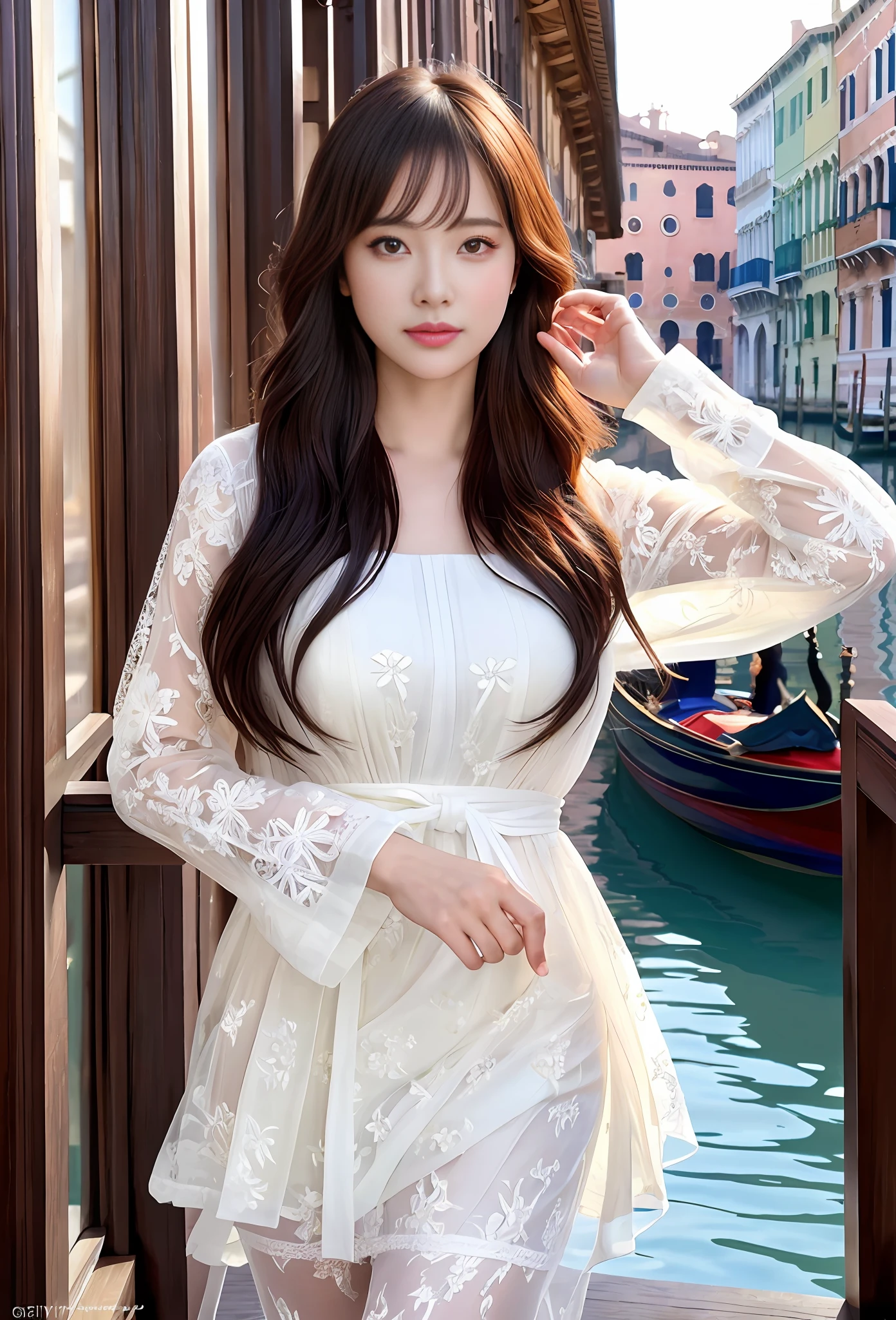 modelshoot style, (extremely detailed CG unity 8k wallpaper), full shot body photo of the most beautiful artwork in the world, stunningly beautiful photo realistic cute women, a hyper realistic ultra detailed photograph of a beautiful girl as a female 2020s dancer on the boat of 2020s Venice,(Bridge Of Sighs background),(princess eyes,shiny pupils), detailed symmetric beautiful hazel eyes, detailed gorgeous face,highly detailed, vibrant,professional majestic oil painting by Ed Blinkey, Atey Ghailan, Studio Ghibli, by Jeremy Mann, Greg Manchess, Antonio Moro, trending on ArtStation, trending on CGSociety, Intricate, High Detail, Sharp focus, dramatic, photorealistic painting art by midjourney and greg rutkowski