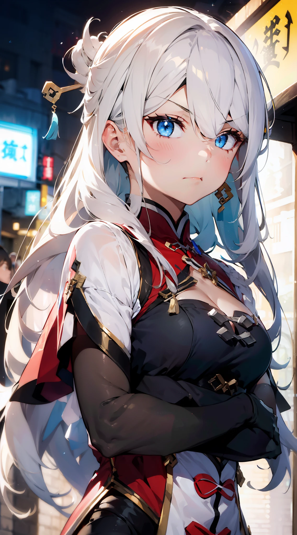 1girl, (solo:1.2), ((masterpiece)), [slim], (small chest), ((detailed eyes)), (bokeh effect), medium shot, beidoudef, long hair, (white hair), ((blue and white)) dress, (frown), constricted pupils, annoyed, closed mouth, (evil theme), bright blue eyes