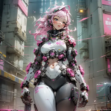 (masterpiece, best quality, super detail, illustration, 1girl, cyberpunk) Futuristic buildings in the background forming a futuristic and cyberpunk landscape. In the center of the image, a girl with magenta hair and gray eyes wears a MECH outfit, staring t...