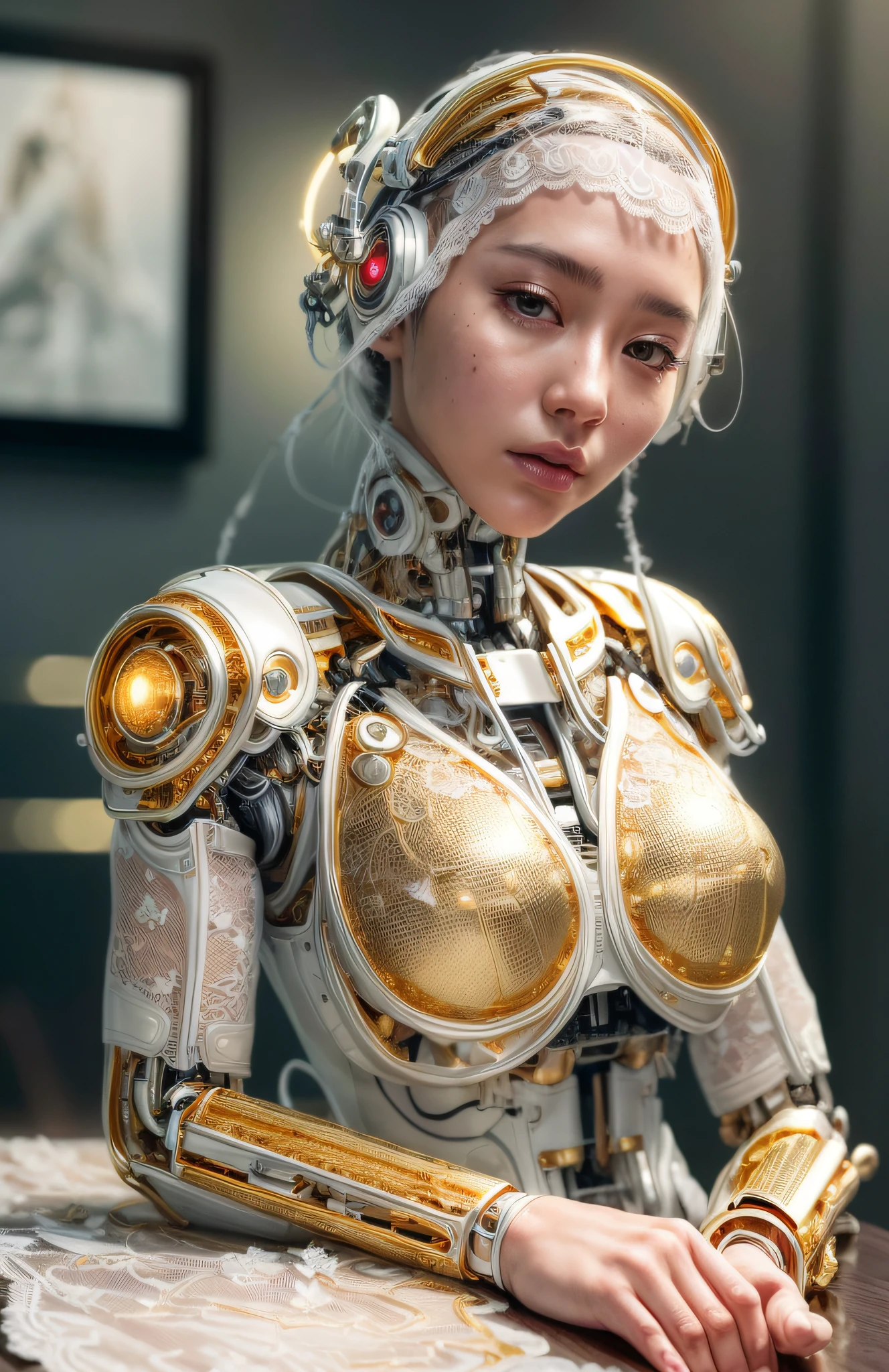 photorealistic, a woman in a white (lace, gold cyborg suit:1.55) (sitting on top of a table:1.4) (turned towards the viewer:1.2), (crossed legs:1.4), gold long hair, cyborg, robotic parts, beautiful detailed body and face, (looking left side:1.3), sakimichan hdri, amouranth, a beautiful detailed orixa, 2049, chiaki nanami, afro futuristic, made in maya, sam yang, 2070, cyborg, robotic parts, 150 mm, beautiful studio soft light, rim light, vibrant details, luxurious cyberpunk, lace, hyperrealistic, anatomical, facial muscles, cable electric wires, microchip, elegant, beautiful background, octane render, 8k, best quality, masterpiece, illustration, an extremely delicate and beautiful, extremely detailed ,CG ,unity ,wallpaper, (realistic, photo-realistic:1.37), Amazing, finely detail, masterpiece, best quality, official art, extremely detailed CG unity 8k wallpaper, absurdres, incredibly absurdres, robot, silver halmet, full body, sitting, (sfw:1.2),