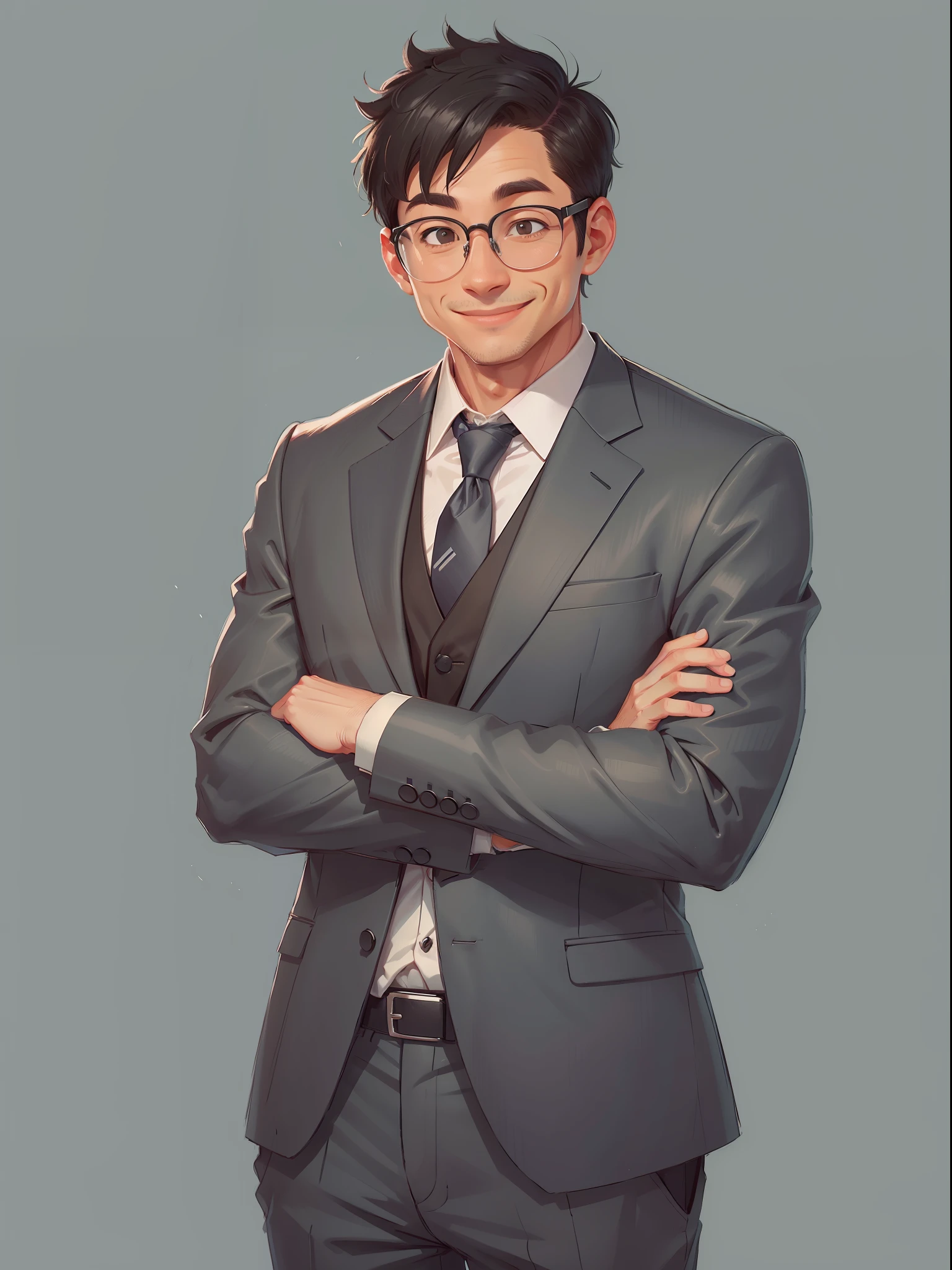 Gray background, simple background, 1 man, teacher, suit, glasses, short black hair, smile, standing, very detailed, best quality, 4K
